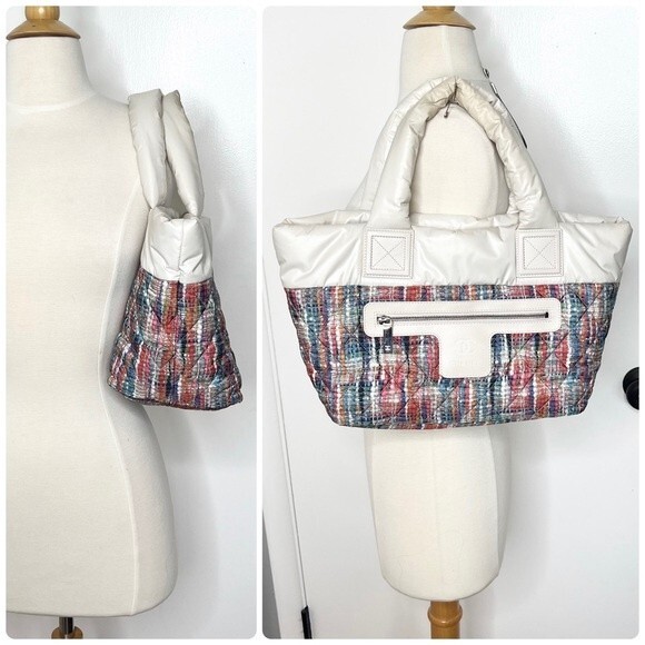 Authentic Chanel Coco Cocoon Nylon Tote Bag Tweed Print Cream Off White - Picture 2 of 15